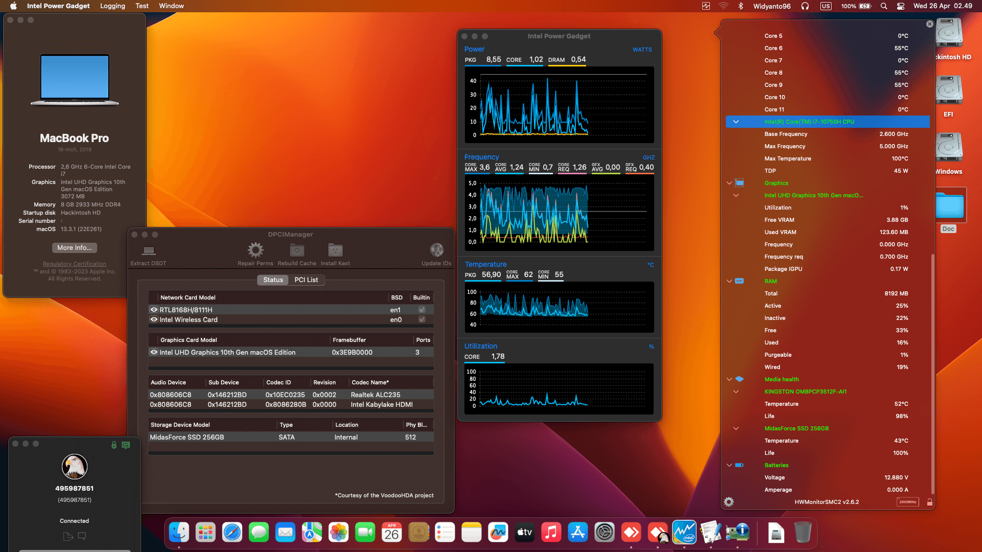 Success Hackintosh macOS Ventura 13.3.1 Build 22E261 in MSI Gaming GF63 Thin 10SCSR